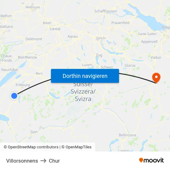 Villorsonnens to Chur map