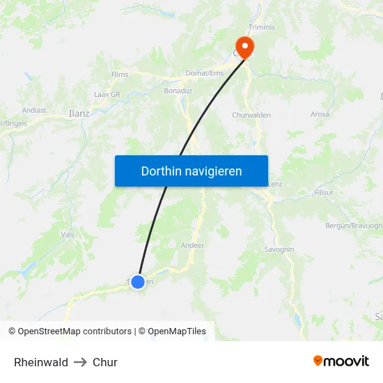 Rheinwald to Chur map