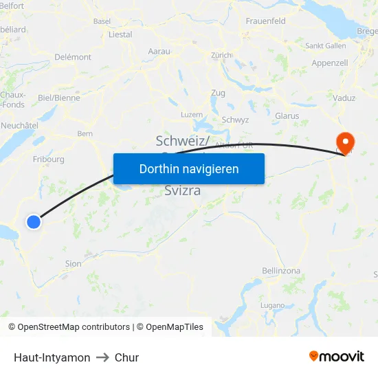 Haut-Intyamon to Chur map