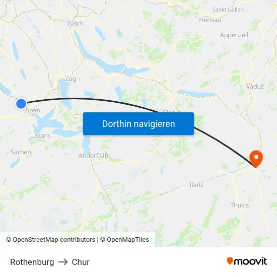 Rothenburg to Chur map
