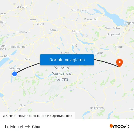 Le Mouret to Chur map
