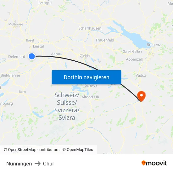 Nunningen to Chur map