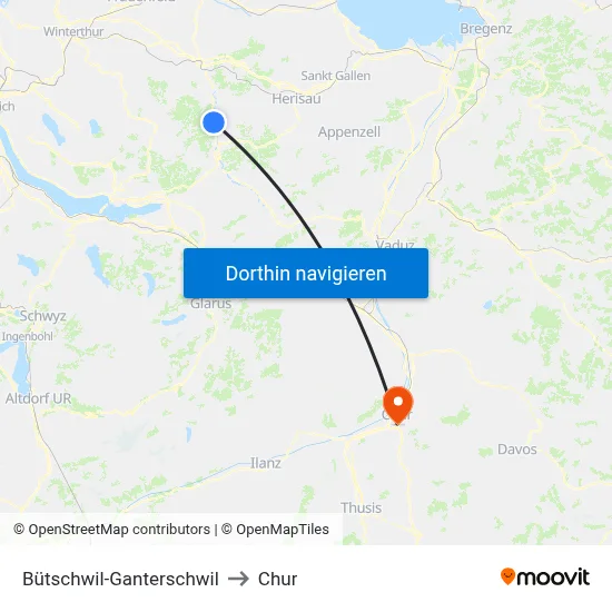 Bütschwil-Ganterschwil to Chur map