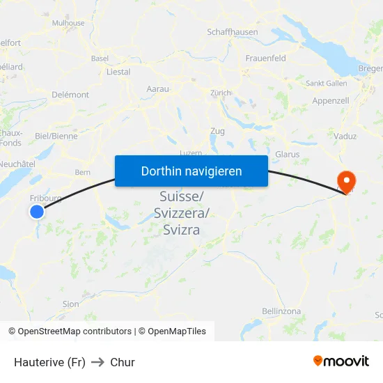 Hauterive (Fr) to Chur map