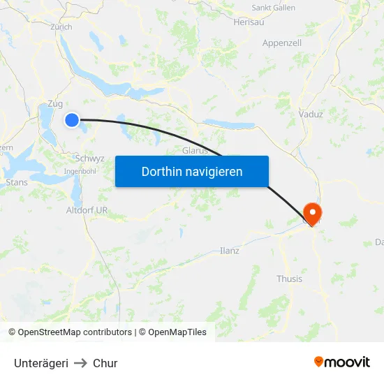 Unterägeri to Chur map