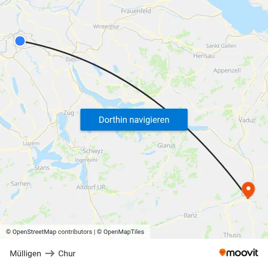 Mülligen to Chur map