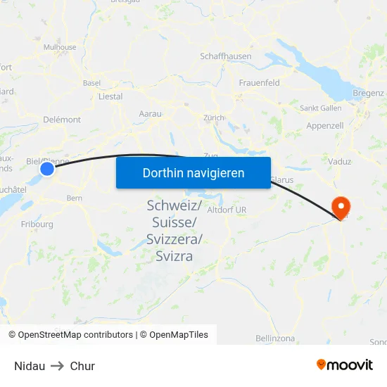 Nidau to Chur map