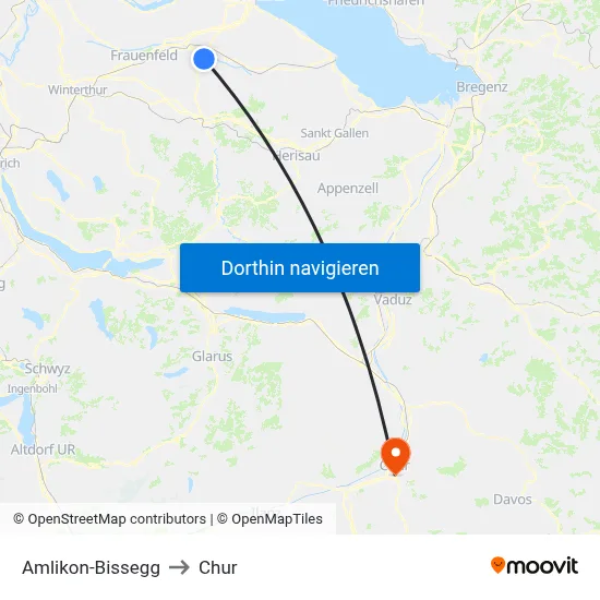 Amlikon-Bissegg to Chur map
