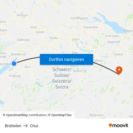 Brüttelen to Chur map