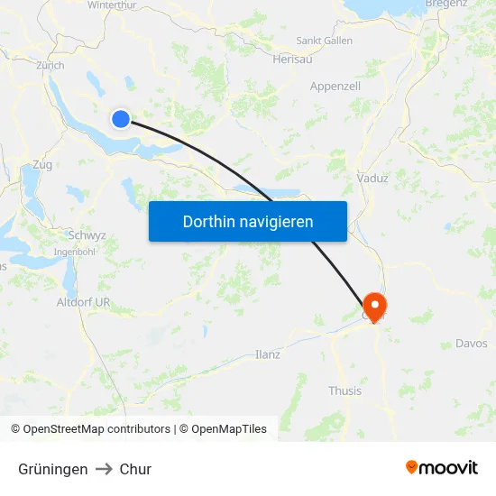 Grüningen to Chur map