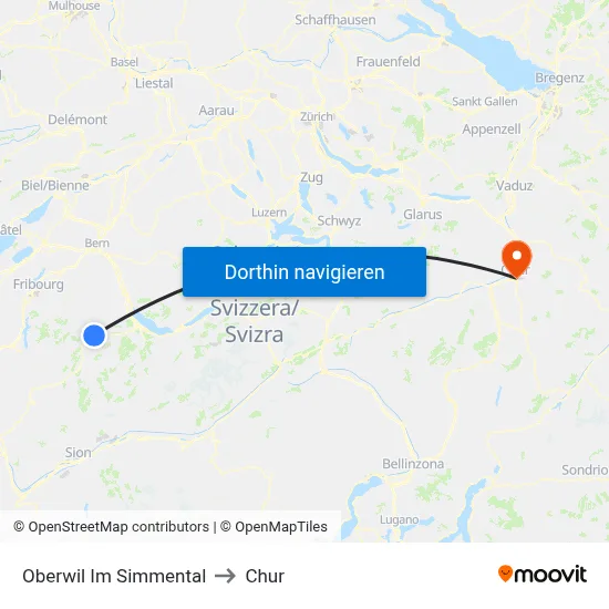 Oberwil Im Simmental to Chur map