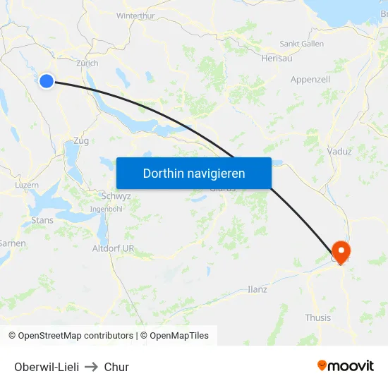 Oberwil-Lieli to Chur map
