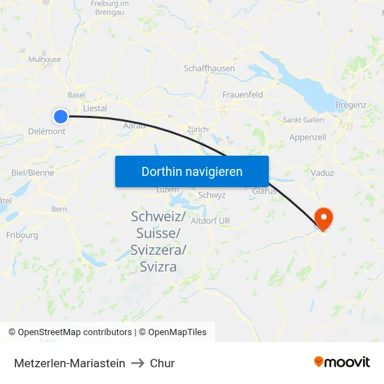 Metzerlen-Mariastein to Chur map