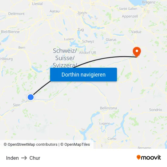 Inden to Chur map