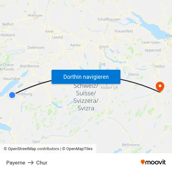 Payerne to Chur map