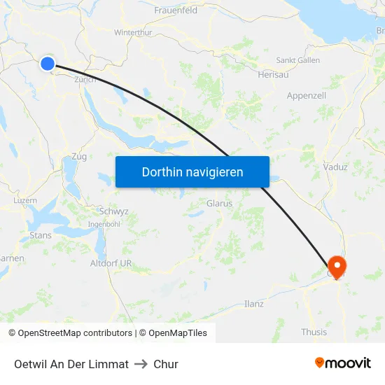Oetwil An Der Limmat to Chur map