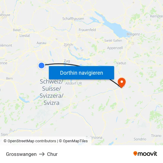 Grosswangen to Chur map