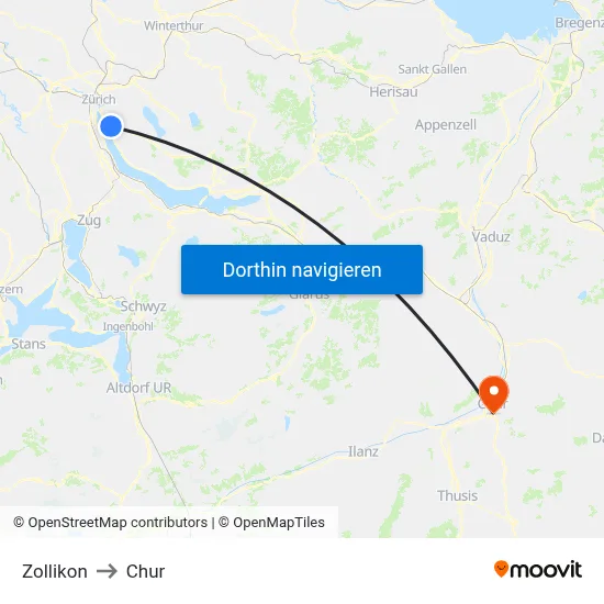 Zollikon to Chur map