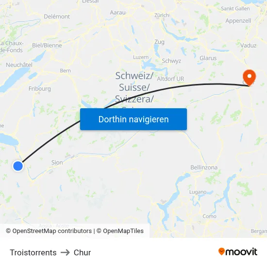 Troistorrents to Chur map