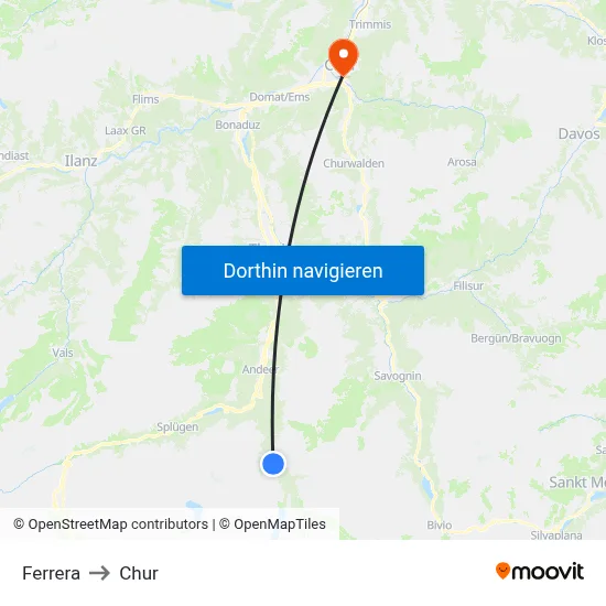 Ferrera to Chur map