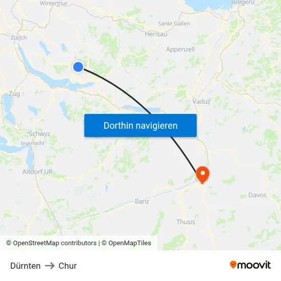 Dürnten to Chur map