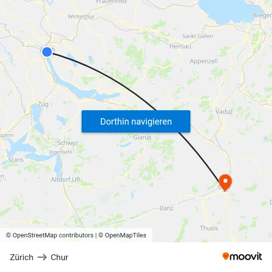 Zürich to Chur map