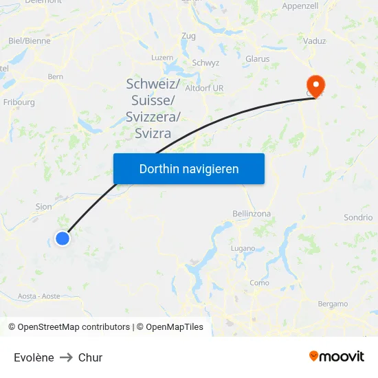 Evolène to Chur map
