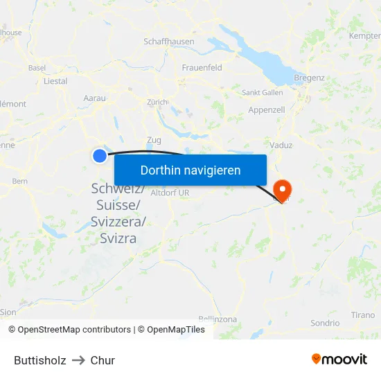 Buttisholz to Chur map