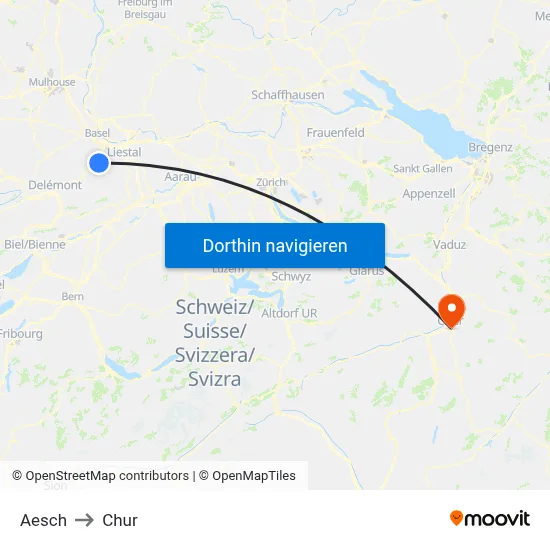 Aesch to Chur map