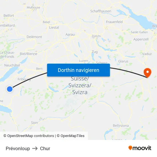 Prévonloup to Chur map