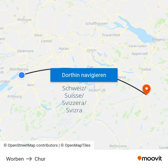 Worben to Chur map