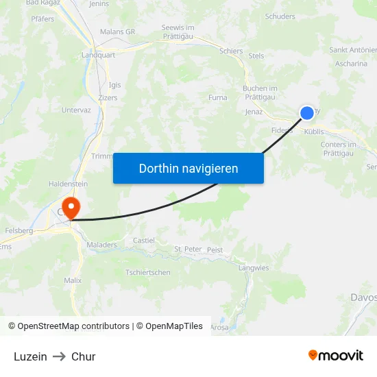 Luzein to Chur map