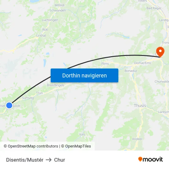 Disentis/Mustér to Chur map