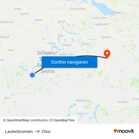 Lauterbrunnen to Chur map