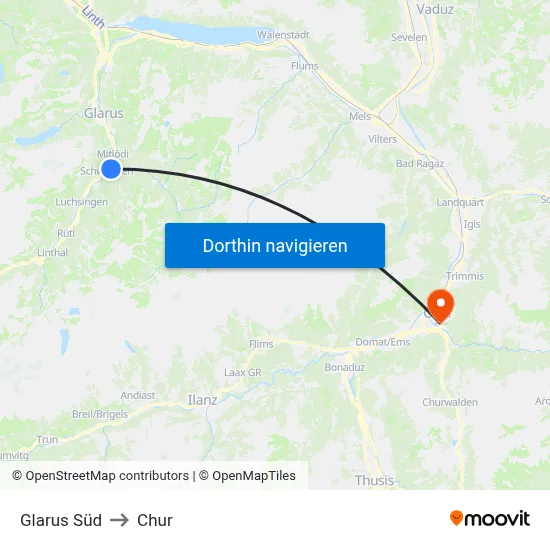 Glarus Süd to Chur map