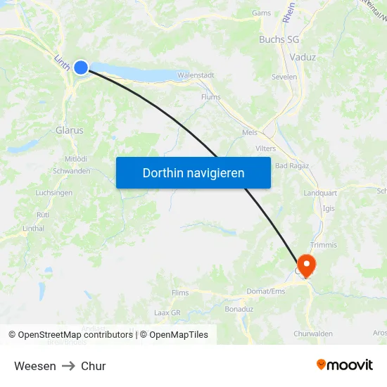 Weesen to Chur map