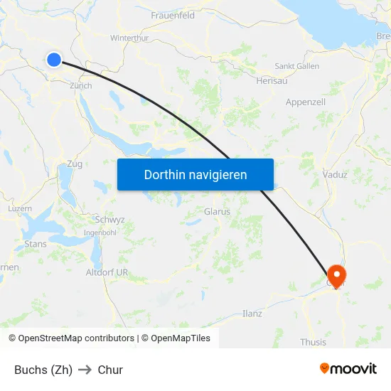 Buchs (Zh) to Chur map