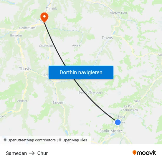 Samedan to Chur map
