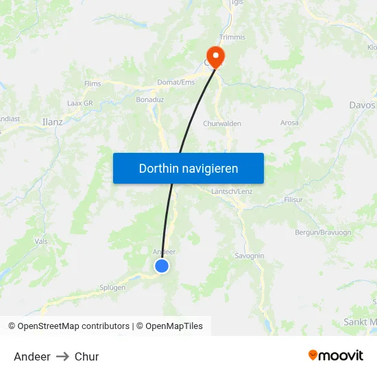 Andeer to Chur map