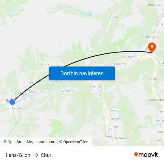 Ilanz/Glion to Chur map