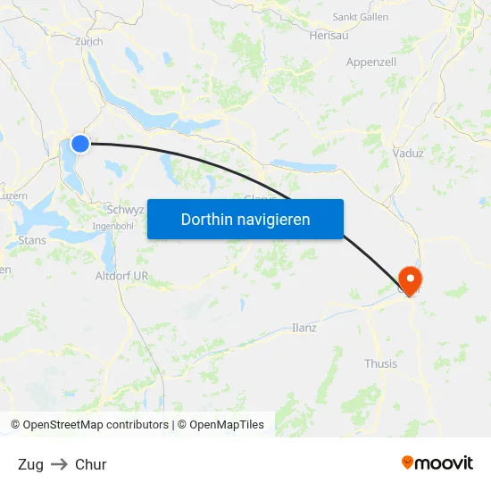 Zug to Chur map
