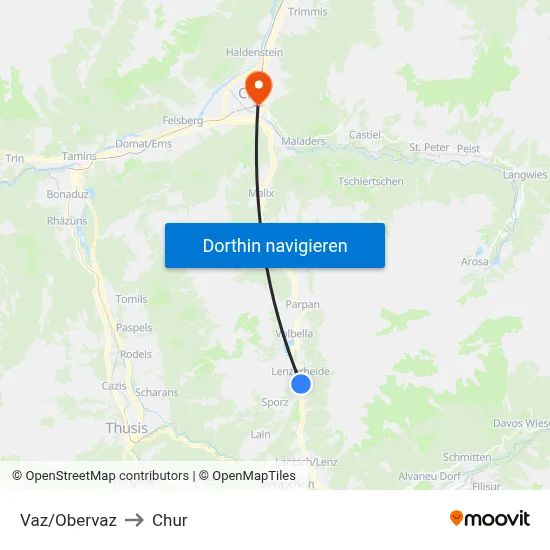 Vaz/Obervaz to Chur map