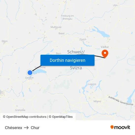 Chéserex to Chur map
