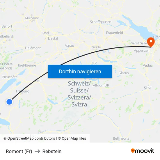 Romont (Fr) to Rebstein map