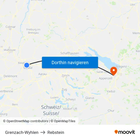 Grenzach-Wyhlen to Rebstein map