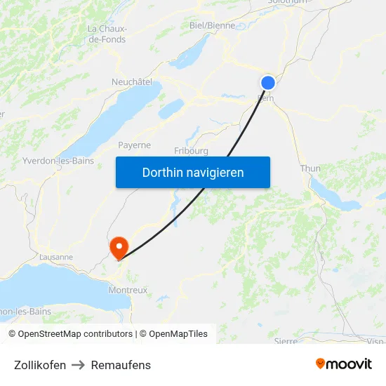 Zollikofen to Remaufens map