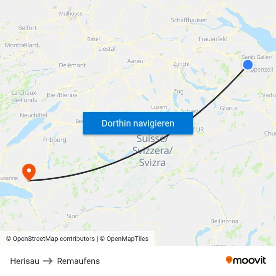 Herisau to Remaufens map