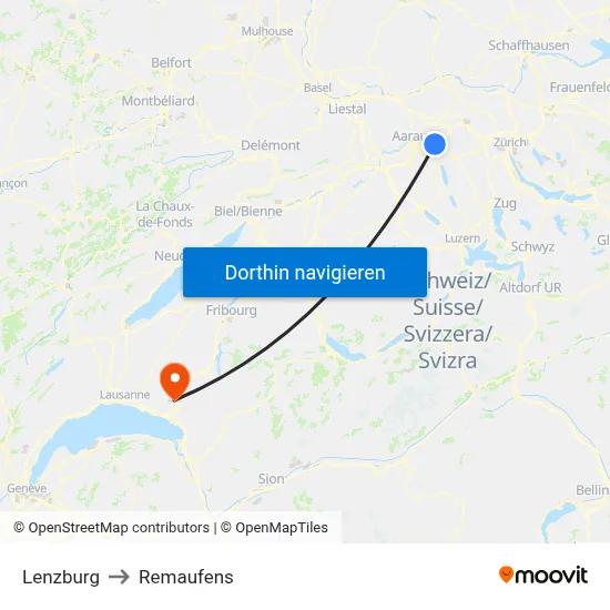 Lenzburg to Remaufens map