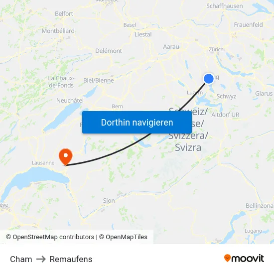 Cham to Remaufens map