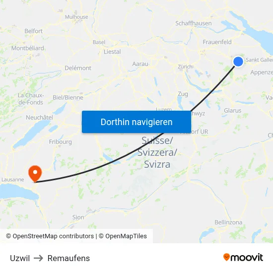 Uzwil to Remaufens map